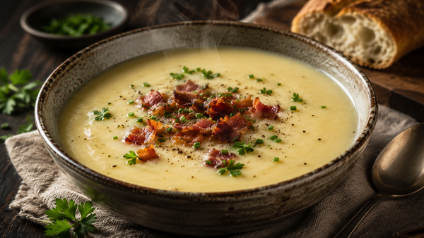 Erdäpfelcremesuppe mit knusprigem Speck